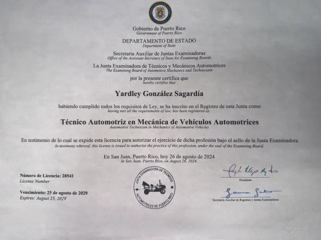 Licencia de Técnico Automotriz de Yardley González, Junta Examinadora de Técnicos y Mecánicos Automotrices de PR