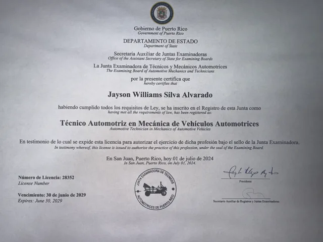 Licencia de Técnico Automotriz de Jayson Silva, Junta Examinadora de Técnicos y Mecánicos Automotrices de PR