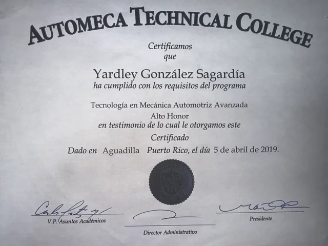 Yardley González: Tecnología en Mecánica Automotriz Avanzada, Alto Honor, Automeca Technical College